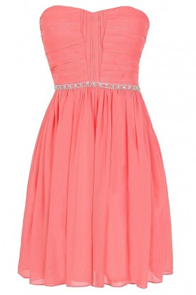 Metallic Shimmer Embellished Strapless Dress in Bright Pink 